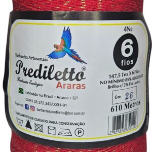 Barbante Prediletto Fio 6 Cor 26 Vermelho com Brilho Dourado de 610 metros
