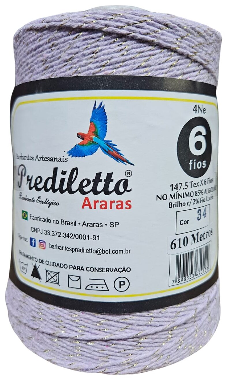 Barbante Prediletto Fio 6 Cor 34 Lilás com Brilho Dourado de 610 metros