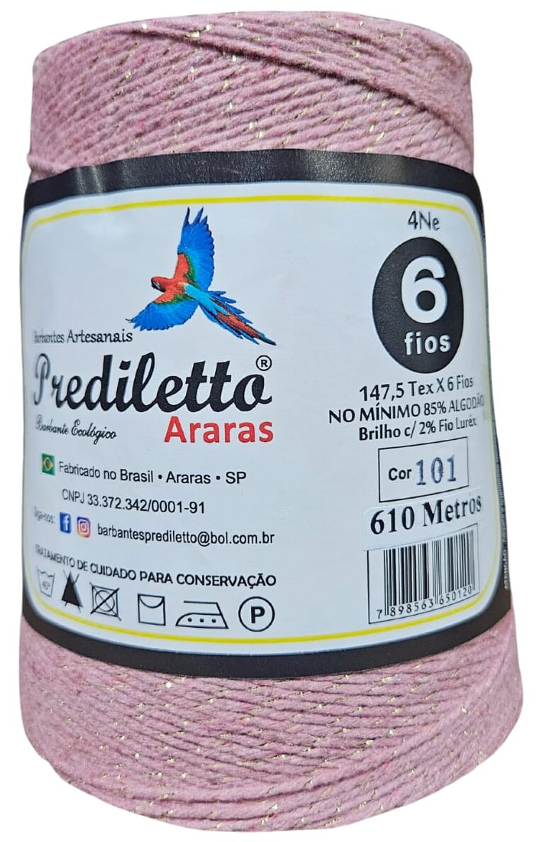 Barbante Prediletto Fio 6 Cor 101 Rosa Chá com Brilho Dourado de 610 metros