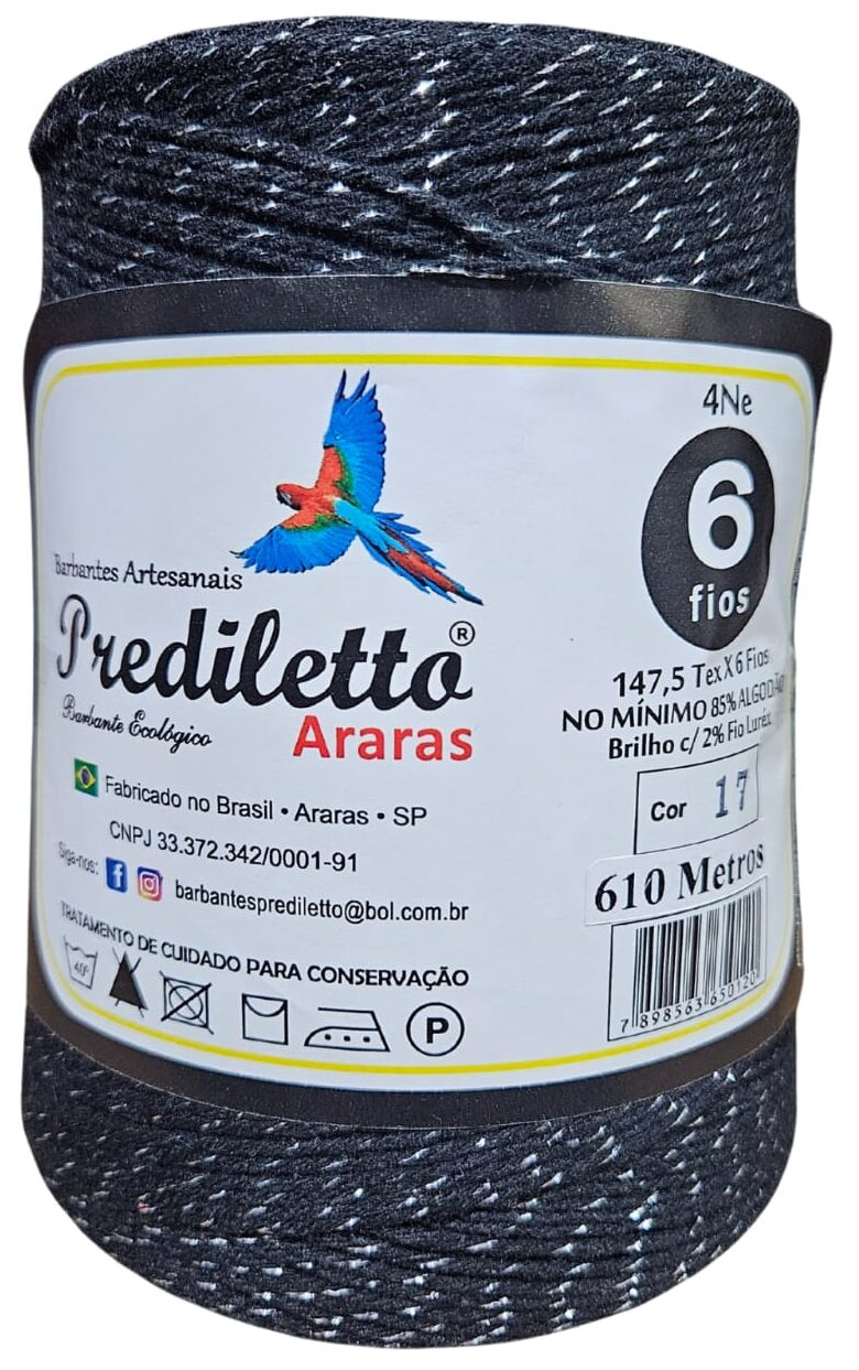 Barbante Prediletto Fio 6 Cor 17 Preto com Brilho Prata de 610 metros